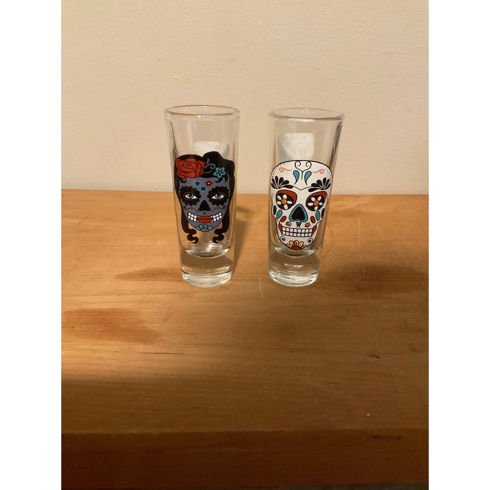 Dia De Los Muertos Sugar Skull Tall Shot Glass Set of 2 Clear Calavera Barware